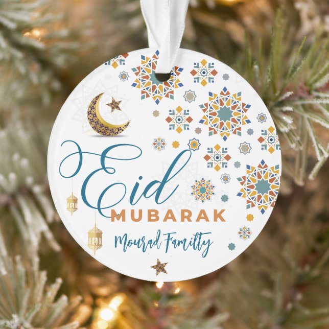 Ornamento Elegante Eid Mubarak Caligrafia Lua Estrelas feria (Árvore)