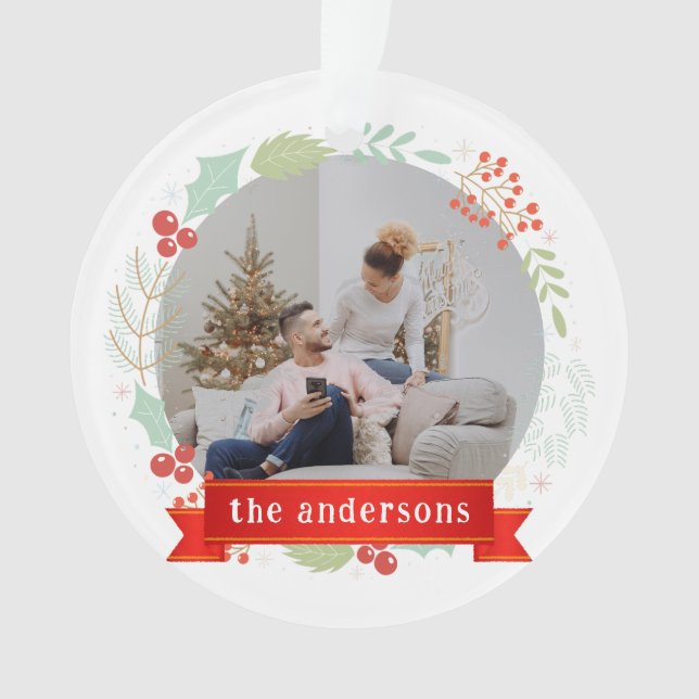 Ornamento Elegante Floral Nosso Primeiro Natal como Sr. & Sr (Frente)