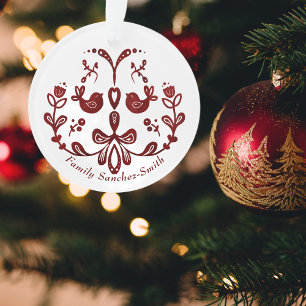 Ornamento Elegante Natal Bilíngue com Pássaros em Borgonha