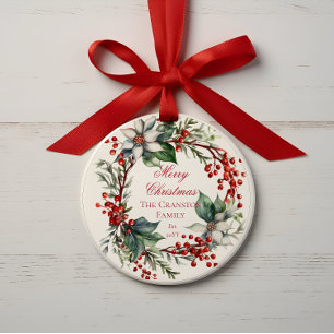 Ornamento Elegante Poinsettia Berries Wreath Feliz Natal