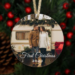 Ornamento Elegante Primeira Foto de Natal<br><div class="desc">Simples e elegante ornamento de "Primeiro Natal" para um primeiro Natal de um casal ou um casal recém-casado casou-se no primeiro Natal. O Ornament apresenta um design de fotos com dois lados com texto personalizado que pode ser personalizado. A cor do texto branco pode ser modificada para complementar sua foto....</div>