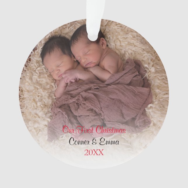 Ornamento Elegante Red Twin Photo Baby Primeiro Natal (Frente)