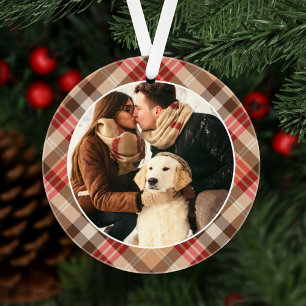 Ornamento Elegante Tan Tartan Xadrez Natal Monograma Foto