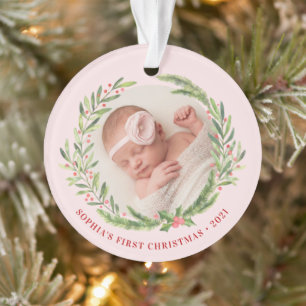 Ornamento Elegante Wreath First Christmas Photo Pink