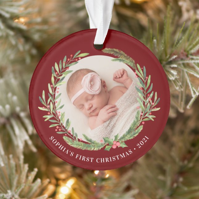 Ornamento Elegante Wreath First Christmas Photo Red (Árvore)