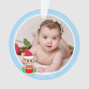 Ornamento Elf de Natal bonito e foto personalizada em azul c