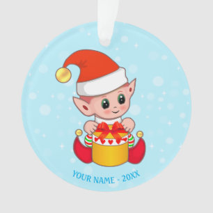 Ornamento Elf de Natal bonito, nome personalizado em azul cl