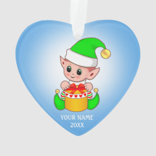 Ornamento Elf de Natal bonito, nome personalizado em azul cl