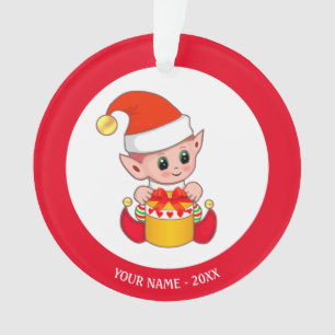 Ornamento Elf de Natal bonito, nome personalizado em Vermelh