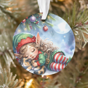 Ornamento Elfo de Natal Adormecido com Gatinho Calico