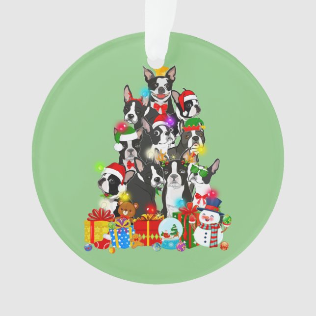 Ornamento Engraçado Boston Terrier Christmas Tree Lights Pup (Frente)
