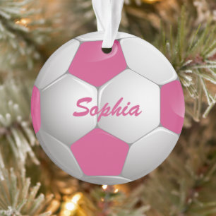 Ornamento Esfera de Futebol Personalizável, Rosa e Branco