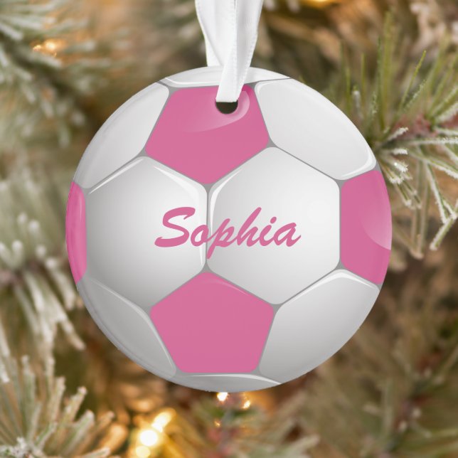 Ornamento Esfera de Futebol Personalizável, Rosa e Branco (Árvore)