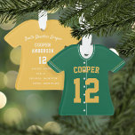 Ornamento Estados do jogador de beisebol verde e amarelo<br><div class="desc">Comemore uma época incrível para o seu jogador de beisebol favorito com este ornamento personalizado legal em um corredor verde e amarelo. Personalize a frente com o nome e o número do jogador e adicione mais detalhes no verso, incluindo o nome da equipe ou liga, a estação, a idade, a...</div>