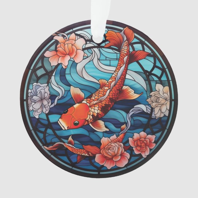Ornamento Estilo de Vidro Asiático Koi Fish e Camellias (Frente)