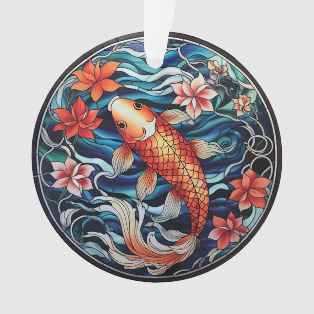 Ornamento Estilo de Vidro Asiático Koi Fish e Camellias (Frente)