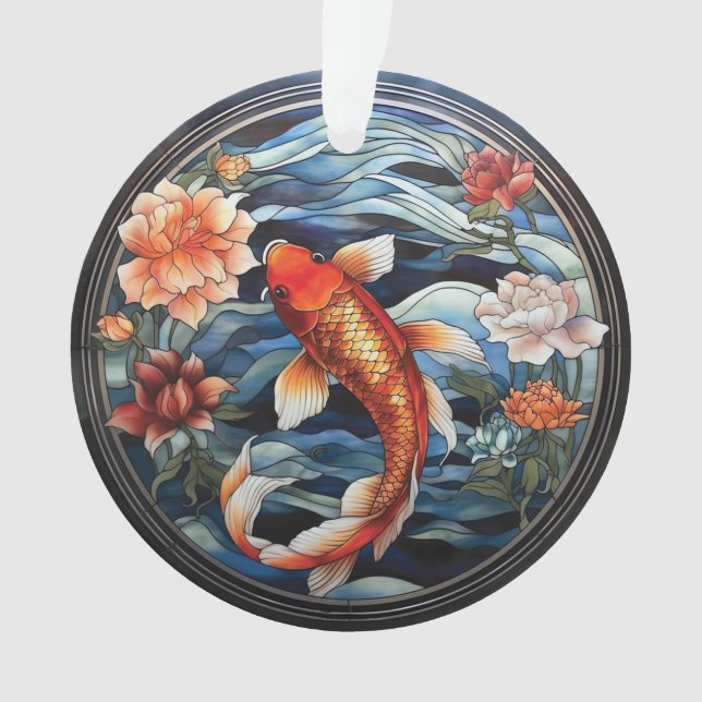 Ornamento Estilo de Vidro Asiático Koi Fish e Camellias (Frente)