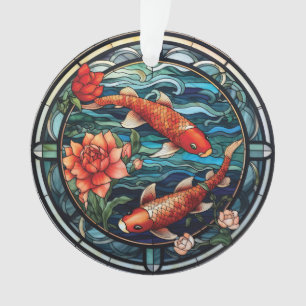 Ornamento Estilo de Vidro Asiático Koi Fish e Camellias