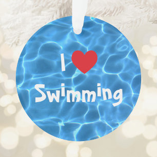 Ornamento Eu Amo Nadar Coração Vermelho com Água de Piscina