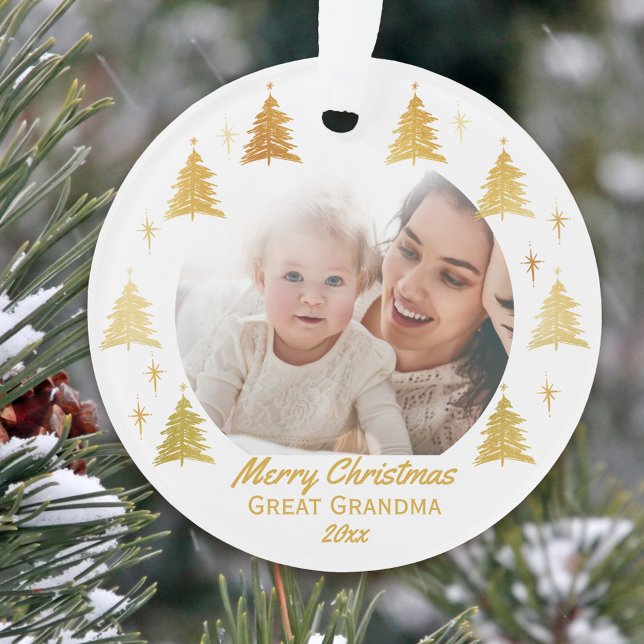 Ornamento Excelente Vovó Foto de Natal Branco e Dourado (With your great grandma a merry christmas with a photo ornament keepsake)