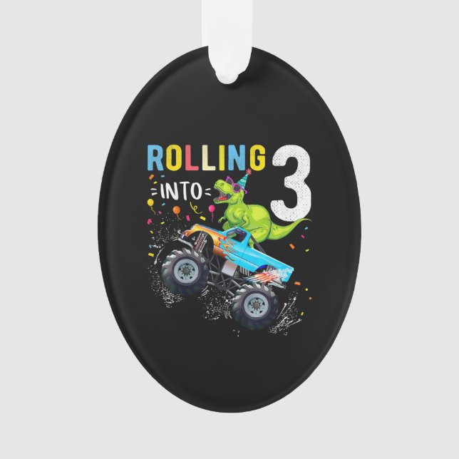 Ornamento Família de Caminhões Monstros Dinossauros, 3 anos (Frente)