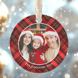 Ornamento Família Xadrez Vermelho Tartan Foto 2 Lados Natal