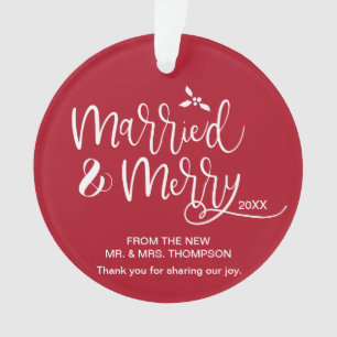 Ornamento Favor de foto de casamento Red Casried e Merry