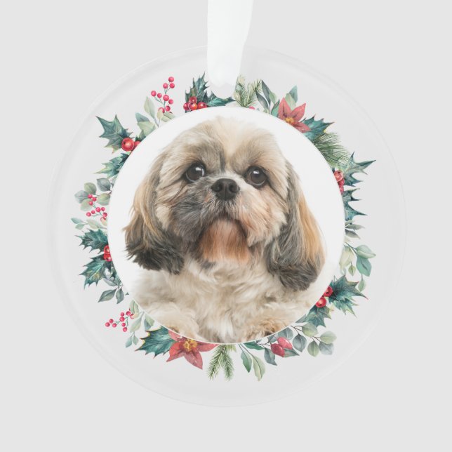 Ornamento Felicidades Natal Berries Cachorro Foto Personaliz (Frente)