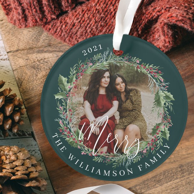 Ornamento Feliz Elegante Aquarela Festiva Fresca Duas Fotogr (Merry Elegant Festive Watercolor Wreath Two Photo Ornament)