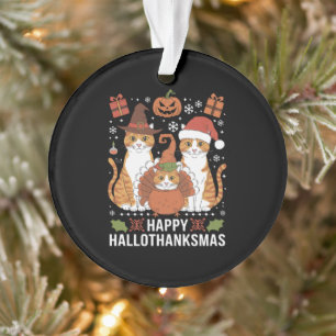 Ornamento Feliz Hallothanksmas Gatos Dia das Bruxas Natal 