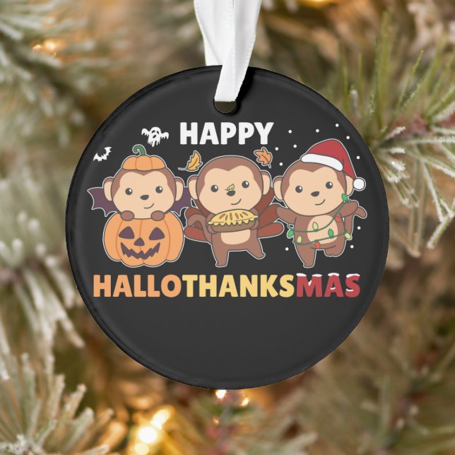 Ornamento Feliz Hallothanksmas Macacos Macacos de Natal Orna (Árvore)