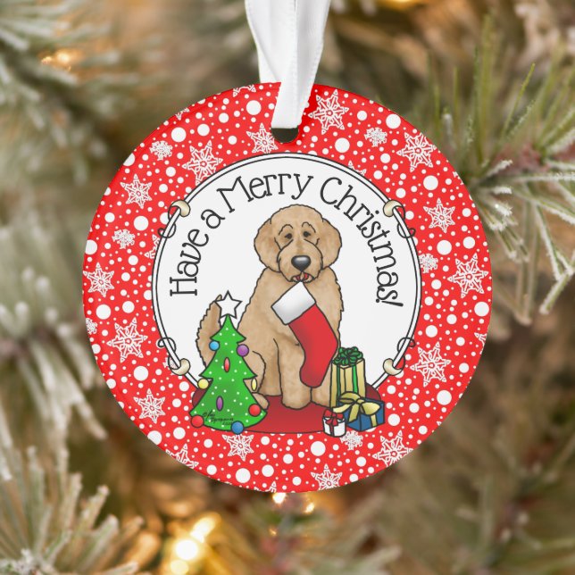 Ornamento Feliz Natal 2 Goldendoodle (ouro vermelho) (Árvore)