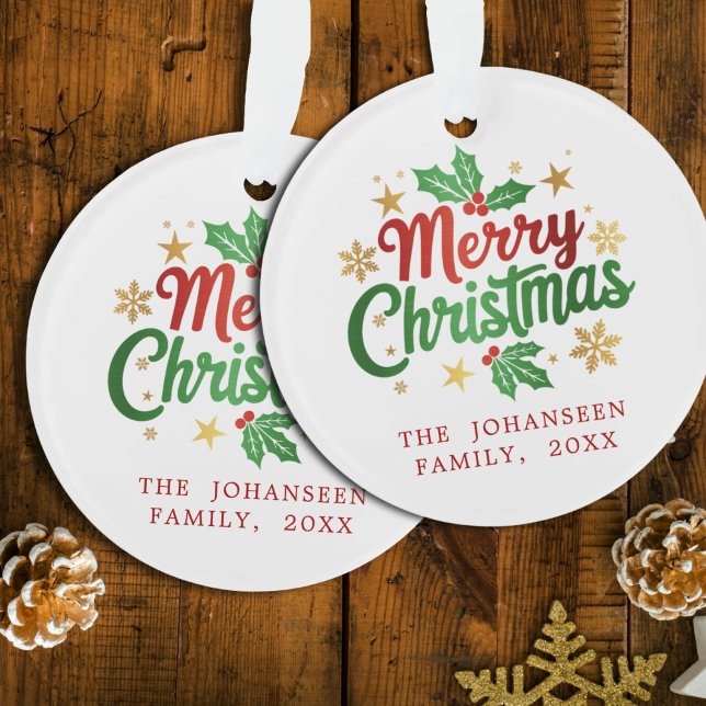 Ornamento Feliz Natal Berry Dourado Stars Snowflakes Família (Criador carregado)