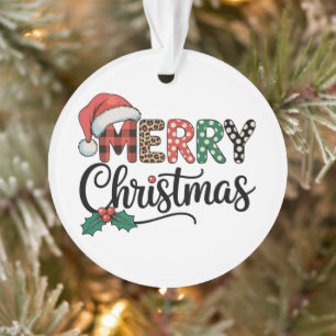 Ornamento Feliz Natal Buffalo Plaid Chapéu do Papai Noel Amo
