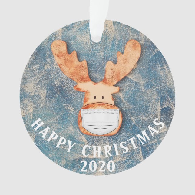Ornamento Feliz Natal de 2020 Engraçado Veado com Máscara (Frente)