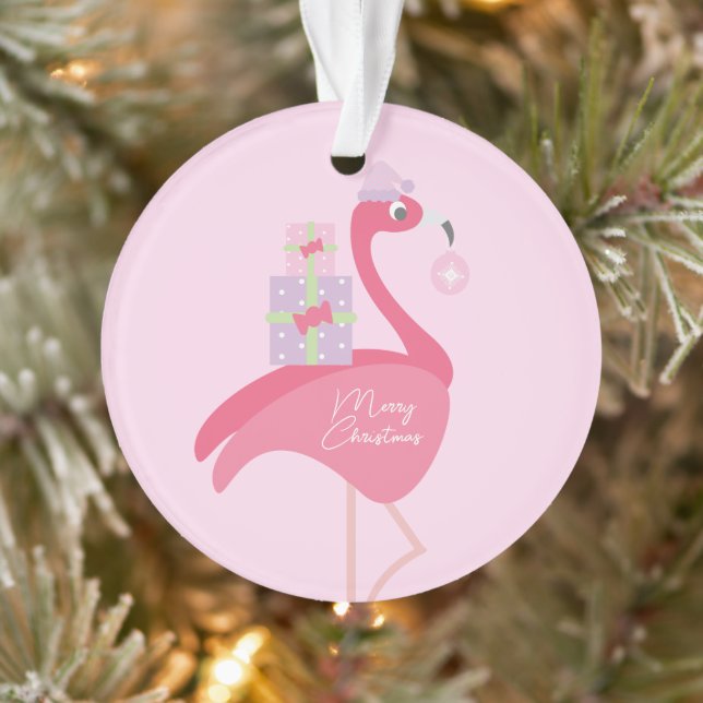Ornamento Feliz Natal Flamingo Rosa Pastel Roxo (Árvore)