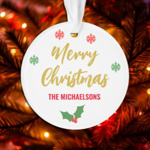 Ornamento Feliz Natal Holly Snowflakes Nome da Família