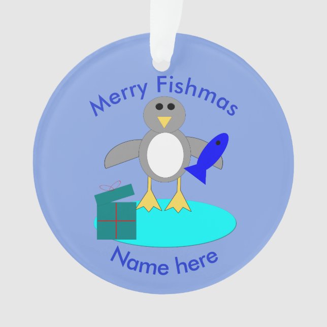 Ornamento Feliz Natal Pesca Pinguim-Acrílico (Frente)