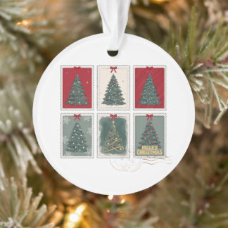 Ornamento Feliz Natal Selos Postais Antigos Árvore Laço