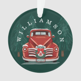 Ornamento Feliz Natal Vintage Foto da Família Red Truck