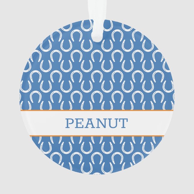 Ornamento Ferradura do Cavalo Azul Nome do Equino Pet Foto K (Verso)