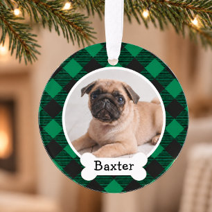 Ornamento Festa de Natal Plaid Búfalo Verde Foto do Cão Nome