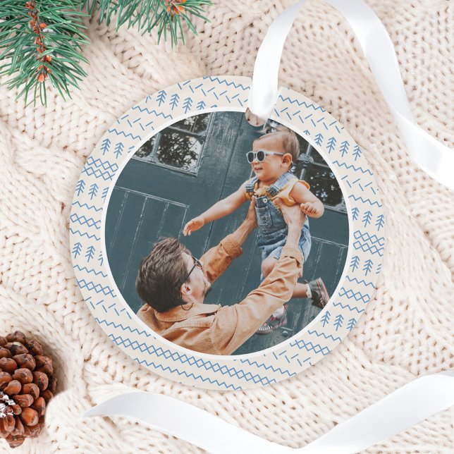 Ornamento Festivo Azul Festivo, Com Título Foto (Fun Festive Blue Knitted Stitched Pattern Photo Ornament)