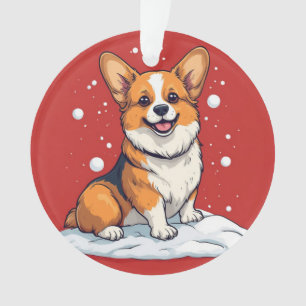 Ornamento Filhote de Corgi Fofo Sentado em Cena de Natal Nev
