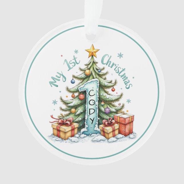 Ornamento First Christmas Ornament – Snowy Tree & Gifts  (Frente)