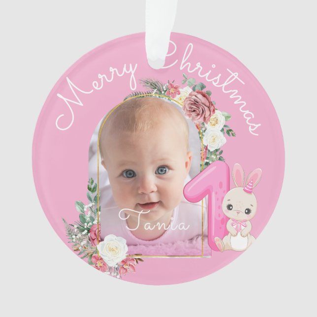 Ornamento First Christmas Pink Baby Girl Photo floral (Frente)