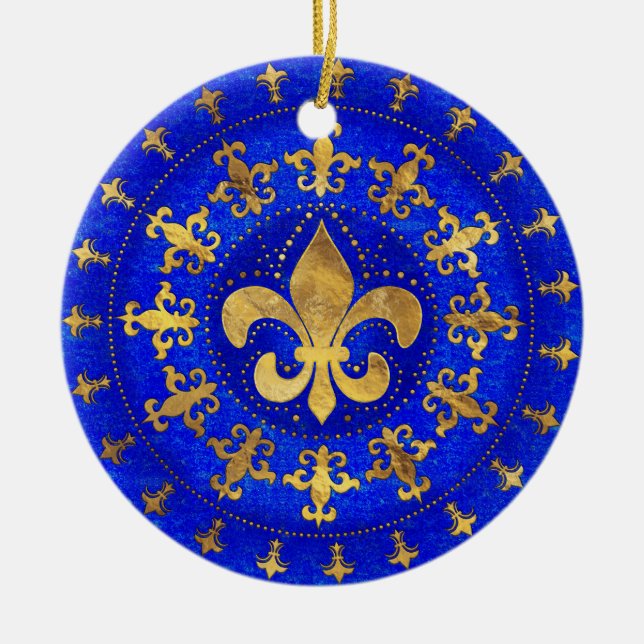 Ornamento Fleur-de-lis Lapis Lazuli e Dourado (Frente)