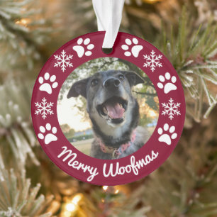 Ornamento Floco de Neve Vermelho e Cão de Pata Foto Natal
