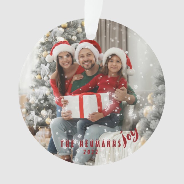 Ornamento Flocos de Neve Joyful Holiday Family Photo Cerâmic (Frente)