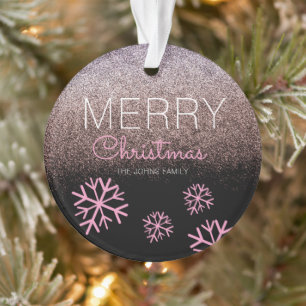 Ornamento Flocos de Neve Rosa Brilho de Natal Preto